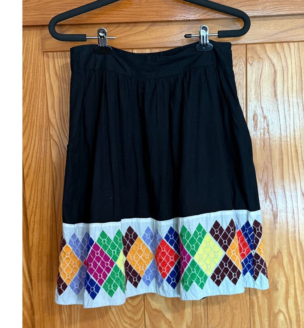 Vintage Anthropologie Floreat Embroidered Argyle Skirt Size 8